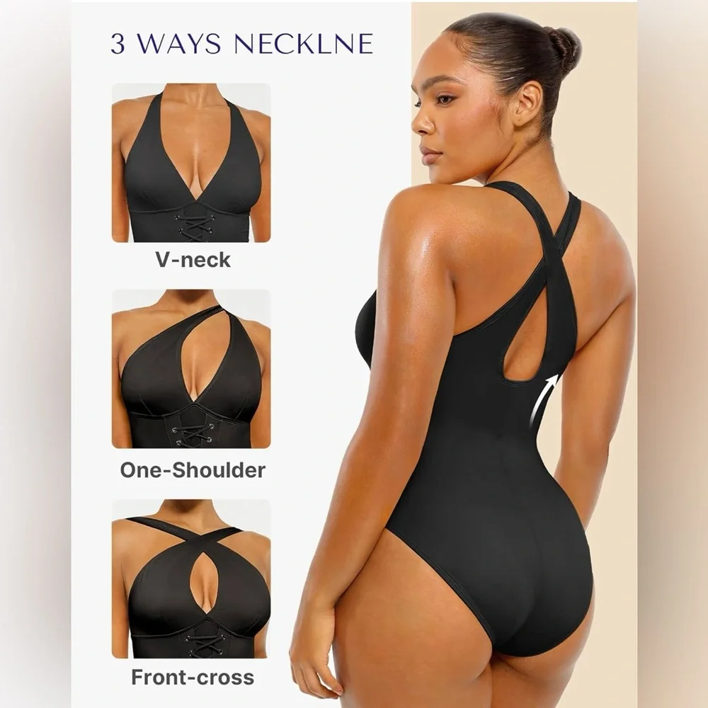 SHAPELLX Women's Slimming Swimwear Push Up V Neck Tummy Control Swim Suits Blue